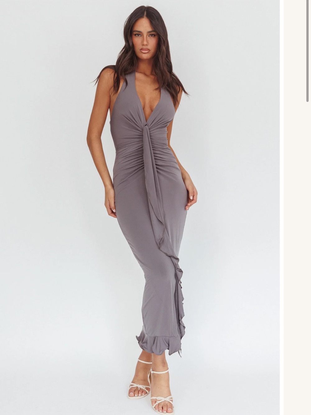 Selfie Leslie Plunge Ruched Midi Dress in Taupe